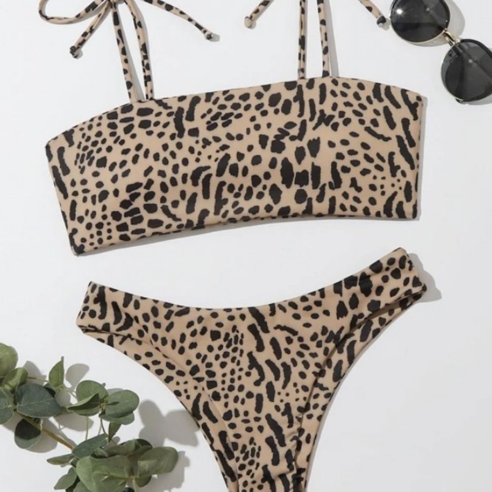 Allover Print Tie Shoulder Bikini Swimsuit Size Medium